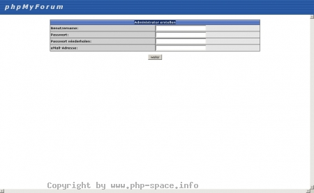 <h4>Beschreibung</h4><p>Zum Schluss der Installation wird ein erster Benutzer f�r das Forum eingerichtet, dieser erh�lt alle Rechte zur Administration des Forums, deshalb sollte f�r diesen ein gutes Passwort gew�hlt werden.

Dieser Administator kann auch unser eigener Benutzer sein, d.h. wir m�ssen uns nicht noch einmal extra im Forum anmelden, sondern k�nnen diesen wie jedes andere Mitglied auch benutzen. </p>