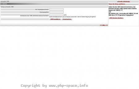<h4>Beschreibung</h4><p>Die Installation beginnt mit der Festlegung des zugangspasswortes, des Homepagetitels und dem dateinamen der Administrationsdatei.</p>