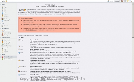 <h4>Beschreibung</h4><p>Auf diesem Screenshot sehen wir eine �bersicht der startseite von TYPO3 kurz nach dem Login.</p>