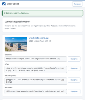 Ergebnis nach dem Hochladen von zwei Bildern mit Direktlink, HTML, BBCode und Markdown und je einem Knopf zum Kopieren
