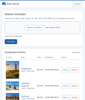 Hauptseite mit dem Formular zum Hochladen und der Dateiliste mit Vorschaubildern, Ma&szlig;en und Gr&ouml;&szlig;e, neueste Datei zuerst