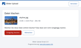 R&uuml;ckfrage vor dem L&ouml;schen mit Vorschau der Datei und dem Knopf Endg&uuml;ltig l&ouml;schen