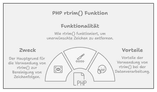 Illustration zur PHP rtrim() Funktion mit drei Segmenten: Zweck der Funktion zur Bereinigung von Zeichenfolgen, Funktionsweise zum Entfernen unerwünschter Zeichen und Vorteile der Nutzung in der Datenverarbeitung. Im Zentrum ist ein PHP-Symbol dargestellt.