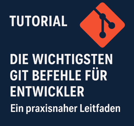 Artikelbild zum Git-Tutorial mit dem Titel „Die wichtigsten Git Befehle für Entwickler – ein praxisnaher Leitfaden“, inklusive Git-Logo und strukturiertem Titeltext auf dunkelblauem Hintergrund.