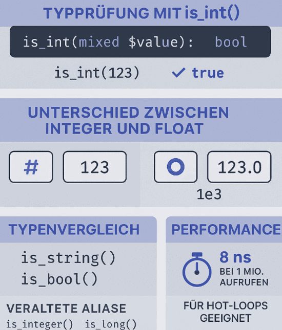 Infografik zur PHP-Funktion is_int() mit Fokus auf Typprüfung, Vergleich und Performance