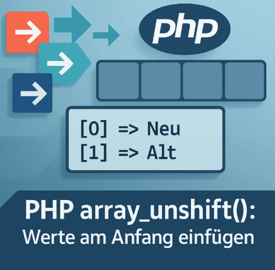 Abstraktes Titelbild mit PHP-Logo, Kacheln und Array-Ausschnitt für array_unshift()