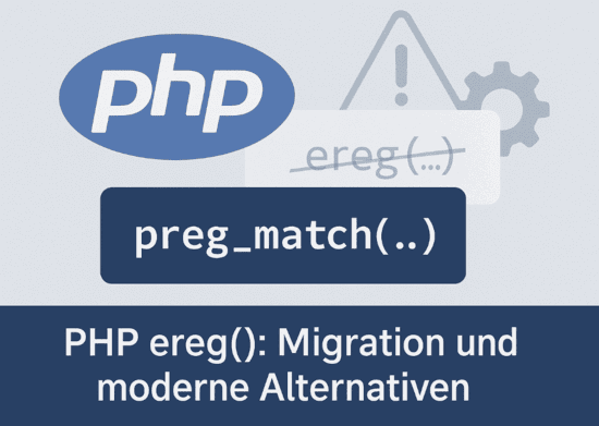 Modernes Titelbild für Blogartikel zur PHP-Funktion ereg(): Veraltetes Code-Snippet mit „ereg(…)“ in durchgestrichener Schrift, daneben farbiger „preg_match(…)“-Code, technisches PHP-Logo, Warnsymbol und Zahnrad, klarer Stil ohne Menschen.