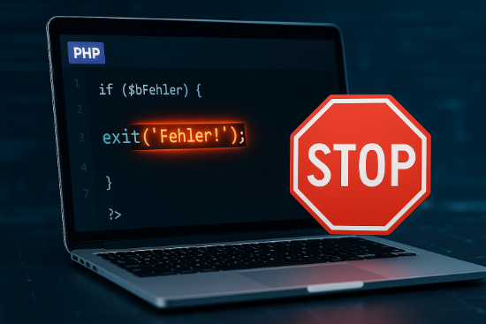 Moderner Laptop mit offenem PHP-Editor und hervorgehobener Zeile exit('Fehler!'); davor ein Stoppschild, das das sofortige Beenden eines Skripts symbolisiert.