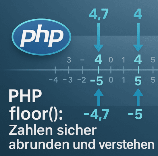Abstraktes Titelbild zur PHP-Funktion floor(): PHP-Logo, Zahlenstrahl, Pfeile zeigen Abrundung positiver und negativer Werte.