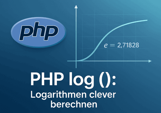 Modernes Titelbild zur PHP-Funktion log() mit PHP-Logo, Logarithmus-Kurve und Basis e (2.71828).