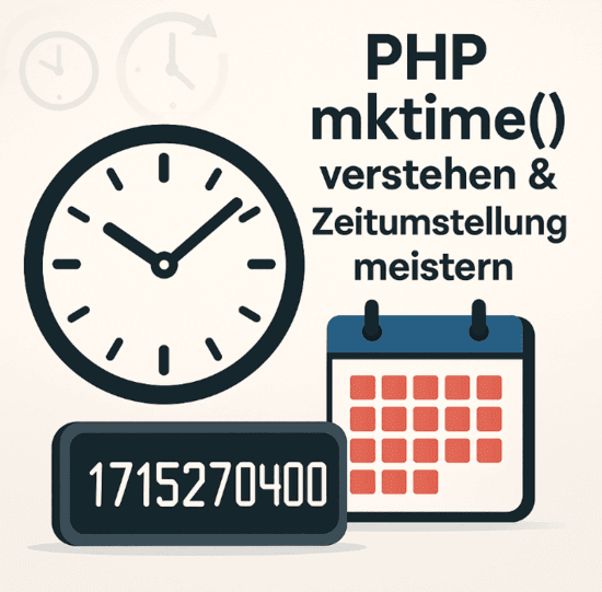 Illustration zur PHP-Funktion mktime: Uhr, Kalender und Unix-Zeitstempel, dazu Symbole für die Zeitumstellung.