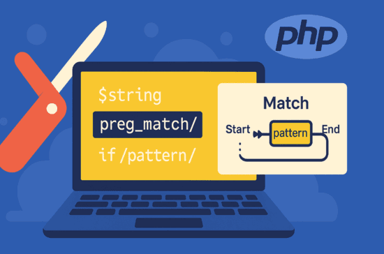 Flat-Illustration: Laptop mit gelbem Code-Fenster, darin die PHP-Funktion preg_match(); daneben ein Regex-Flow-Diagramm und ein rotes Schweizer Taschenmesser – symbolisiert, dass reguläre Ausdrücke das vielseitige Werkzeug der Textverarbeitung in PHP sind.
