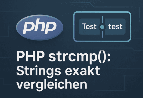 Modernes Titelbild: PHP-Logo, Vergleichssymbol für „Test“ und „test“, technisches Farbschema