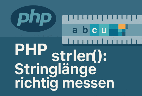 Modernes Titelbild zur PHP-Funktion strlen() mit abstrahiertem PHP-Logo, Messleiste und buntem String, bei dem mehrbyte-Zeichen hervorgehoben sind.