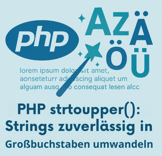 Illustration zur PHP-Funktion strtoupper(): zeigt Umwandlung von Kleinbuchstaben in Großbuchstaben mit PHP-Logo und Umwandlungs-Pfeil.