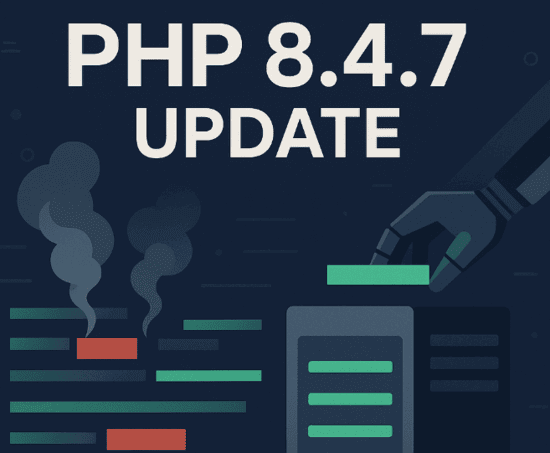 Illustration zum PHP 8.4.7 Update: Fehlerhafte Codezeilen werden entfernt, stabile Module eingebaut – Darstellung mit Rauch und grünem Code.