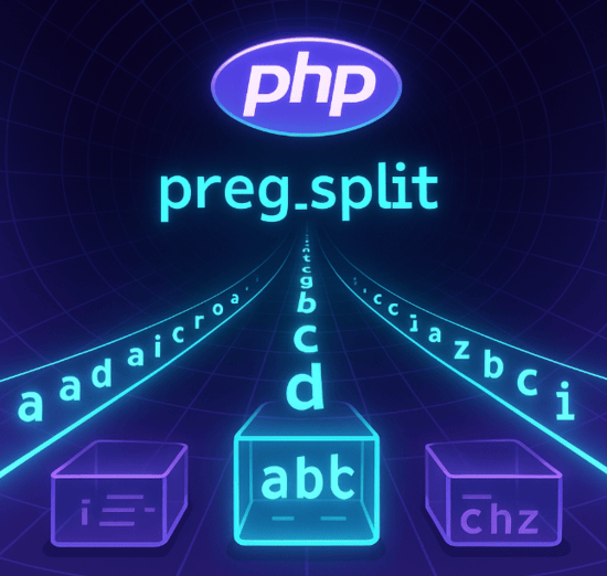 Illustration eines dunklen Code-Tunnels mit dem preg_split-Schriftzug, leuchtenden Datenströmen und einem zentralen PHP-Logo im oberen Bereich.