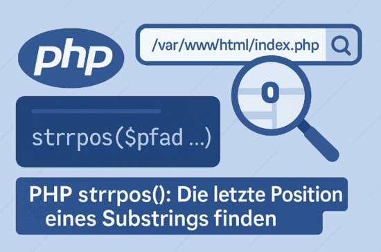 Abstraktes Titelbild zur PHP-Funktion strrpos(), Suchbalken, Lupe und Code