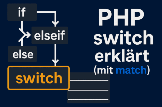 Titelbild eines PHP-Tutorials mit Flussdiagramm zu if, elseif, else und hervorgehobener switch-Struktur mit dem Text „PHP switch erklärt (mit match)“.