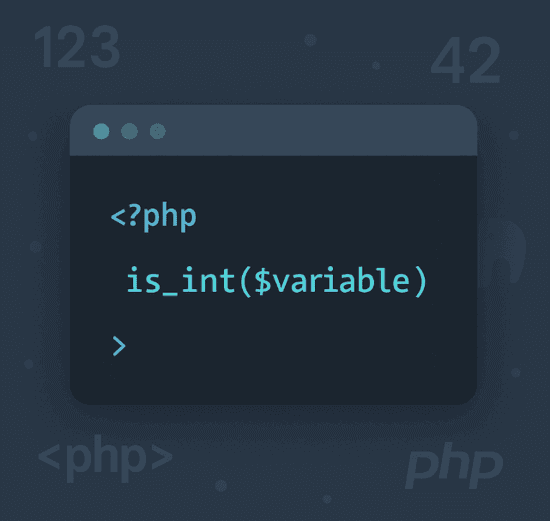 Stilisiertes Codefenster mit is_int($variable) in PHP-Syntax vor blau-grauem Hintergrund mit Integer-Zahlen und PHP-Symbolen.