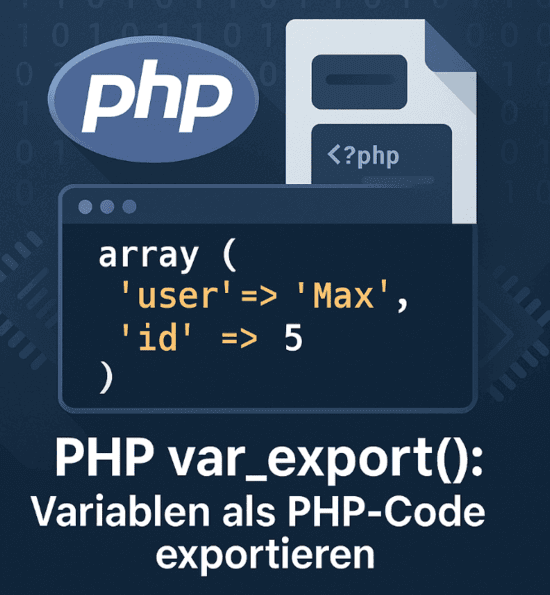 Modernes Titelbild zu PHP var_export() mit PHP-Logo, Code und Datensymbolen.