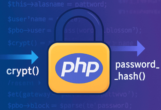 Illustration eines gelben Vorhängeschlosses mit PHP-Logo vor blau-violettem Code-Hintergrund; ein Pfeil von „crypt()“ zeigt zum Schloss, ein zweiter Pfeil führt weiter zu „password_hash()“ und symbolisiert den Wechsel zu sicherem Passwort-Hashing.
