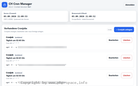 Screenshot Die Liste der vorhandenen Cronjobs mit Zeitplan im Klartext, Cron-Ausdruck und Befehl, darüber Server- und Browserzeit zum Vergleich. anzeigen