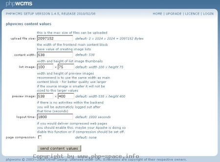 Screenshot Hier sehen wir die Einstellungen bezüglich der Größe der Datenmenge, die hochgeladen werden kann, sowie die Größe der Bilder bei der Vorschau und die Zeit, bis zum Logout bei längerer Inaktivität.
Dies alles lässt sich einstellen. anzeigen