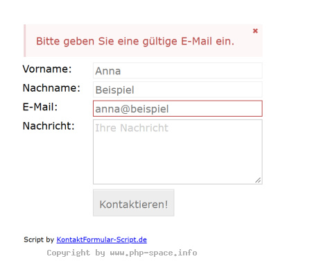 Screenshot Eine ungültige E-Mail-Adresse meldet das Formular direkt am betreffenden Feld. anzeigen