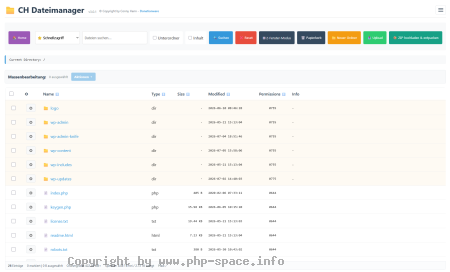 Screenshot Die Dateiliste des CH File Manager mit Schnellzugriff, Suche in Unterordnern und Dateiinhalten, Massenbearbeitung sowie Papierkorb, Upload und ZIP-Entpacken. anzeigen