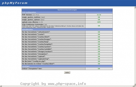 Screenshot Schritt 1 der Installation: Im 1. Schritt wird die PHP Konfiguration und die Schreibrechte für das Dateisystem überprüft. anzeigen