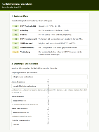 Screenshot Der Installer prüft den Webspace und nimmt Empfänger, Absender und den Namen der Website auf. anzeigen