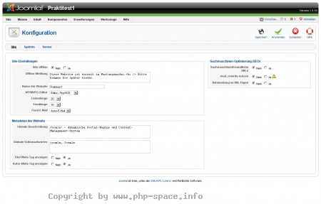 Screenshot Auf dieser Seite kann man die Seite, das System und den Server nach eigenen Wünschen konfigurieren.
Auch Suchmaschinenoptimierungen können hier vorgenommen werden. anzeigen