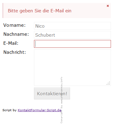 Screenshot Zeigt die Fehlerausgabe des Kontaktformulars an. anzeigen
