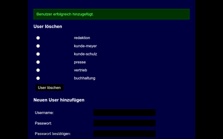 Screenshot Erfolgsmeldung nach dem Anlegen eines Benutzers, die Liste enthält jetzt sechs Konten einschließlich buchhaltung anzeigen