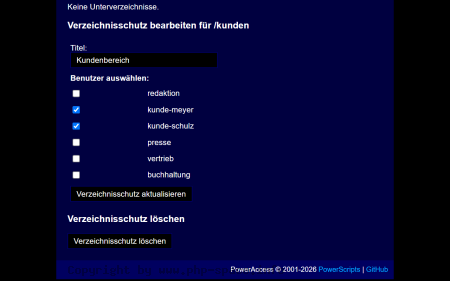 Screenshot Geschützter Ordner /kunden mit dem Titel Kundenbereich, den Benutzern kunde-meyer und kunde-schulz und der Schaltfläche zum Löschen anzeigen