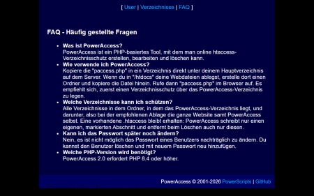 Screenshot FAQ mit Antworten zur Ablage von PowerAccess, zu den schützbaren Verzeichnissen, zum Ändern von Passwörtern und zur PHP-Version anzeigen