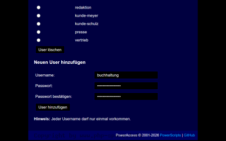 Screenshot Liste mit fünf Benutzern zum Löschen und ausgefülltes Formular für den neuen Benutzer buchhaltung mit Passwortbestätigung anzeigen