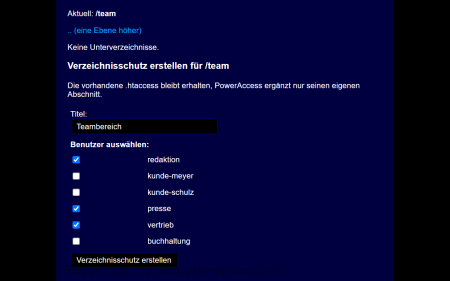 Screenshot Formular für den Ordner /team mit dem Titel Teambereich, drei ausgewählten Benutzern und Hinweis auf die vorhandene .htaccess anzeigen