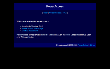 Screenshot Startseite von PowerAccess mit Navigation zu Benutzern, Verzeichnissen und FAQ sowie der installierten Version 2.0.1 anzeigen