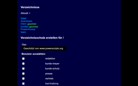 Screenshot Webverzeichnis mit alphabetisch sortierten Ordnern, intern und kunden sind grün als geschützt markiert, darunter das Schutzformular anzeigen