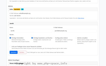 Screenshot Verwaltung der Admins mit dem Superadmin und einem Moderator, der Einträge freischalten, bearbeiten und löschen darf anzeigen
