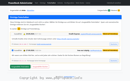 Screenshot Zwei wartende Einträge mit Kontrollkästchen, IP-Adresse und Knöpfen zum Freischalten oder Löschen, einer davon ist Werbung anzeigen