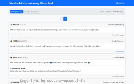 Screenshot Gästebuch einer Ferienwohnung mit Blätterleiste, Einträgen mit Icons und Smileys und einer Antwort der Gastgeberin anzeigen