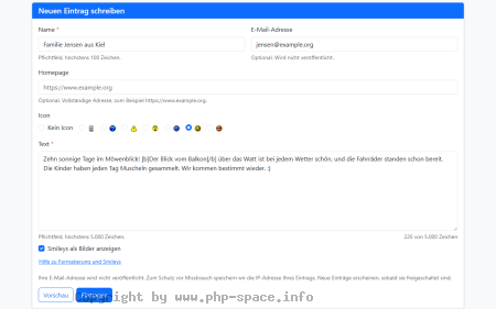 Screenshot Ausgefülltes Formular für einen neuen Eintrag mit Name, E-Mail-Adresse, Auswahl des Icons, formatiertem Text und Zeichenzähler anzeigen