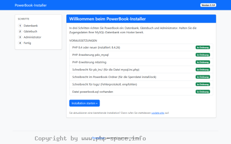 Screenshot Startseite des Installers mit vier Schritten und sieben erfüllten Voraussetzungen wie PHP-Version, Erweiterungen und Schreibrechten anzeigen