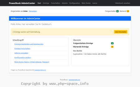 Screenshot AdminCenter mit Hinweis auf zwei wartende Einträge, Schnellzugriff, Zählern für Einträge und den Rechten des angemeldeten Admins anzeigen