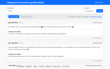 Screenshot Suchfeld mit Auswahl des Suchbereichs und drei gefundenen Einträgen, deren Text den Begriff „Möwe“ enthält anzeigen