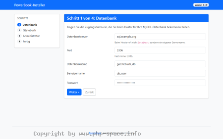 Screenshot Erster Installationsschritt mit ausgefülltem Formular für Datenbankserver, Port, Datenbankname, Benutzername und Passwort anzeigen