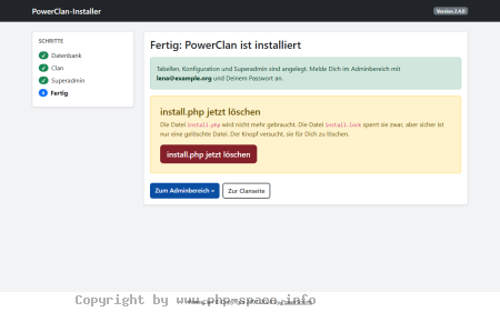 Screenshot Abschlussseite des Installers mit Erfolgsmeldung, Knopf zum Löschen der install.php und Links zu Adminbereich und Clanseite anzeigen